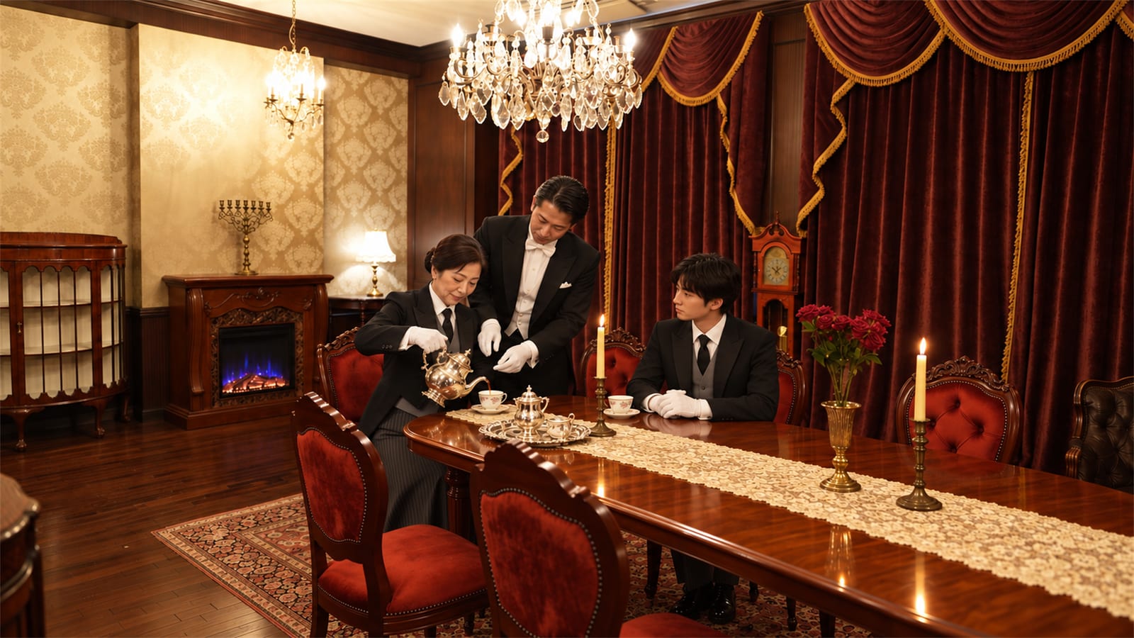 正餐の間で、60代の女性見習いが執事に手を添えられながら銀のポットで紅茶を注ぐ