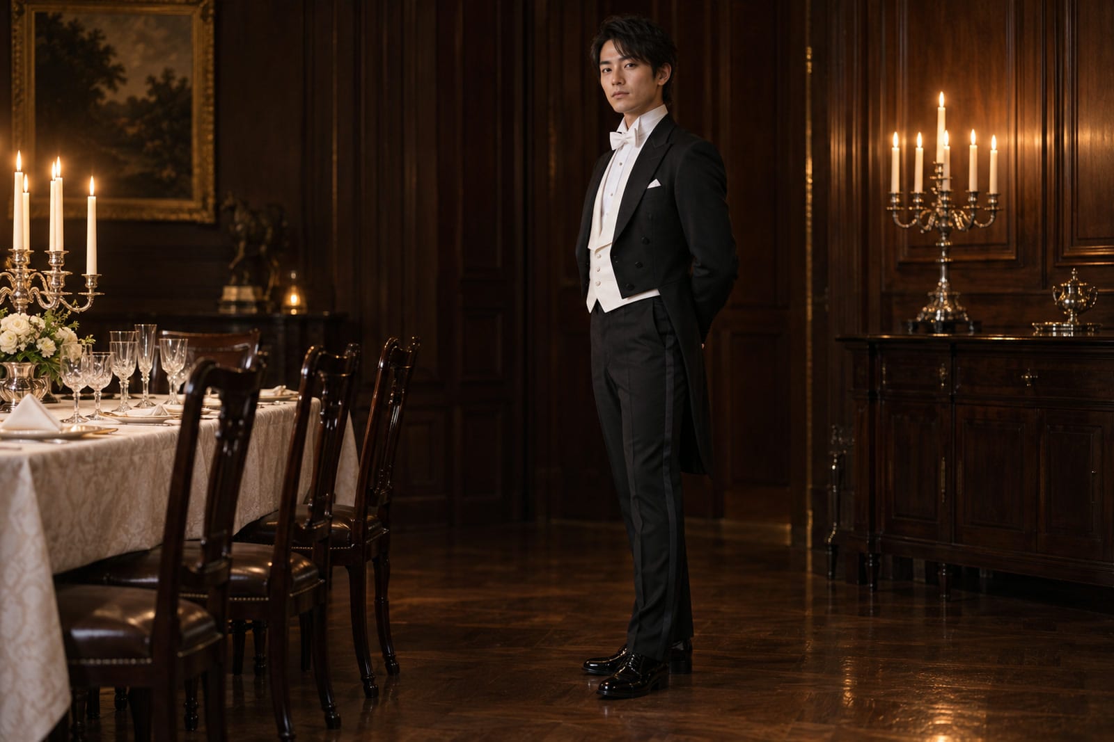 夜の正装、燕尾服に白の蝶ネクタイと白ピケのベストを合わせた執事