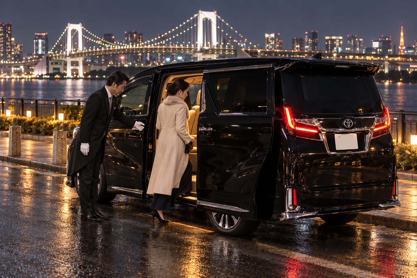 館の車の扉を開けて到着を支える執事