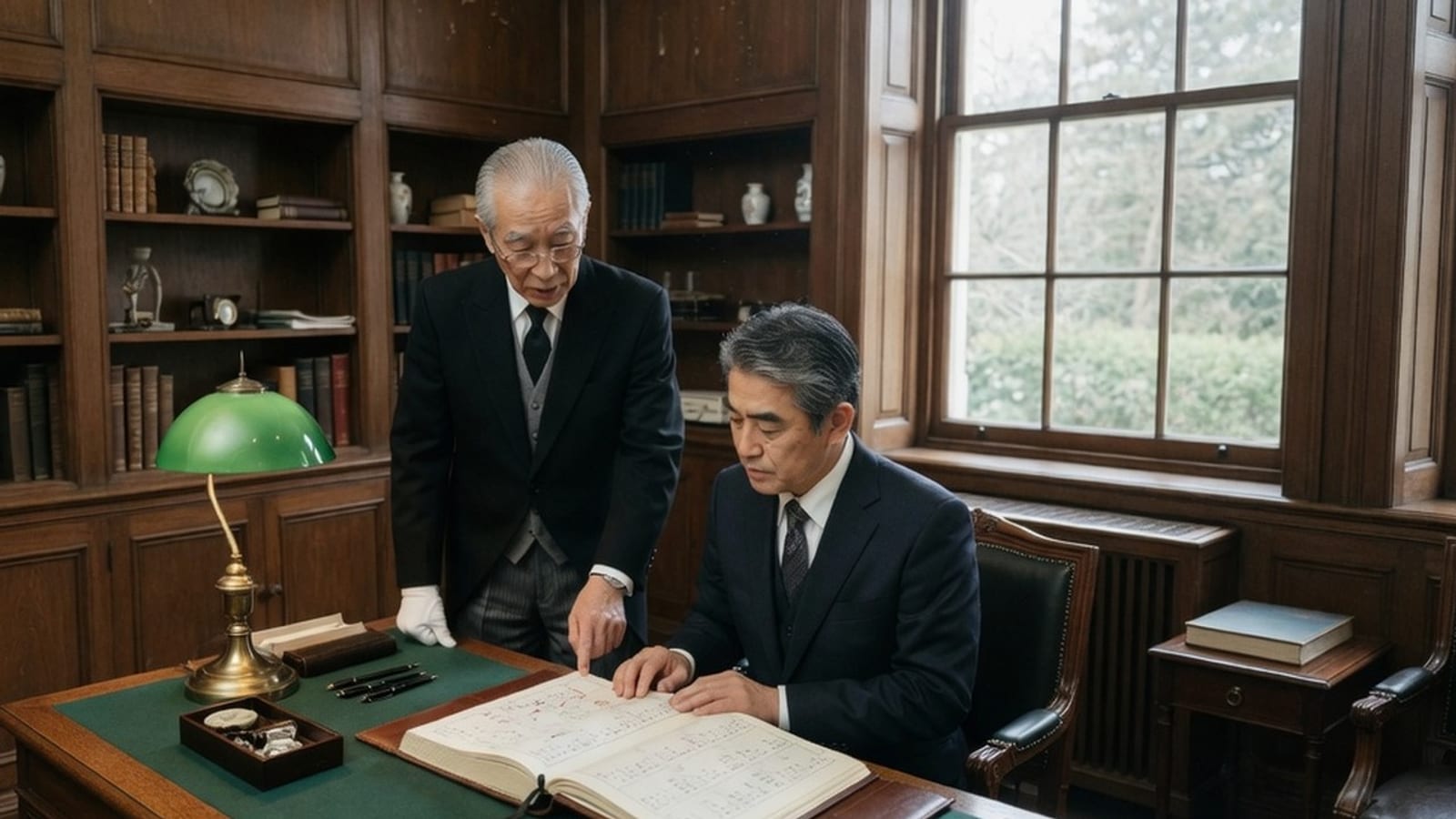 全日本執事協会の公式サイトより。邸宅の書斎で執事が主人の予定を確かめる場面
