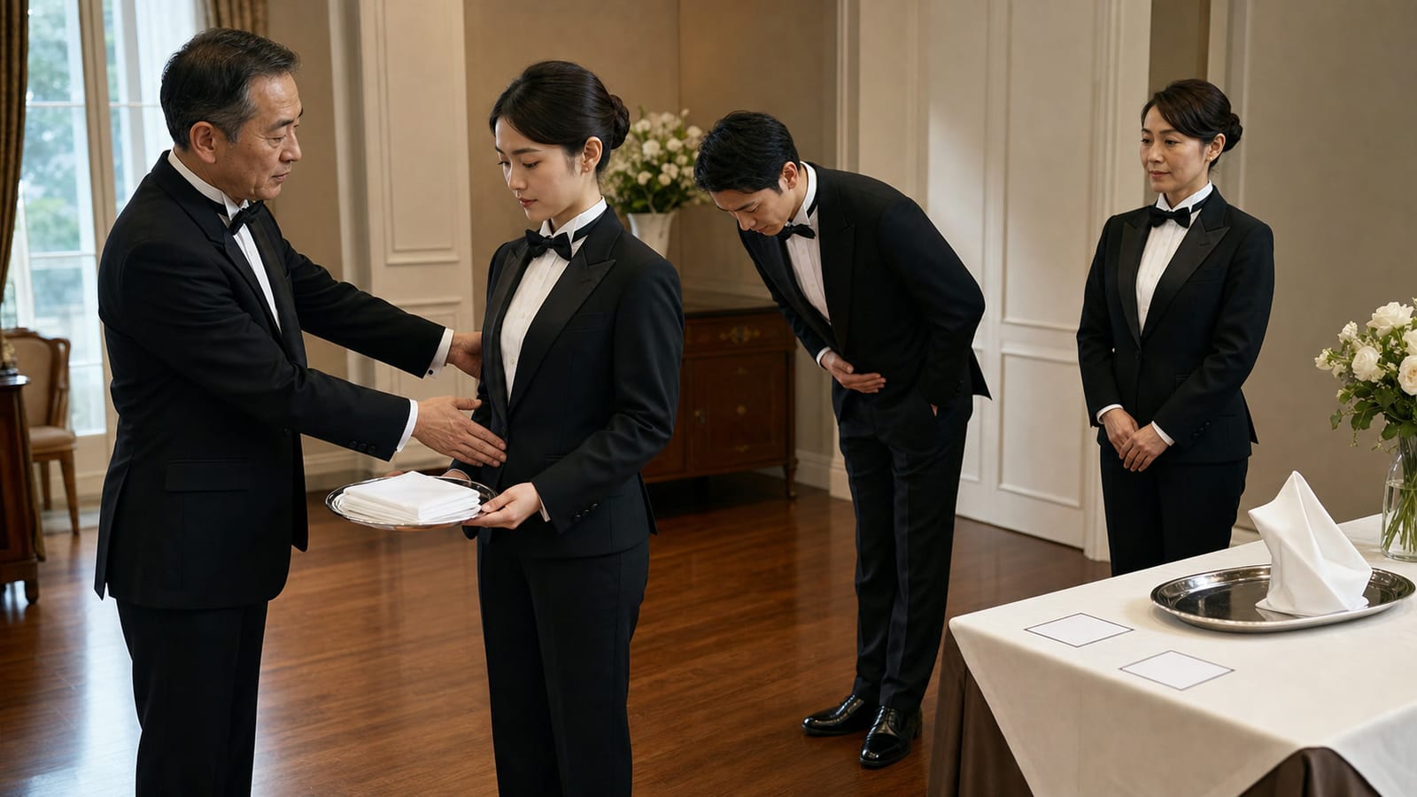 全日本執事協会の公式サイトより。初級で求める応対の型を講師と確かめる基礎研修