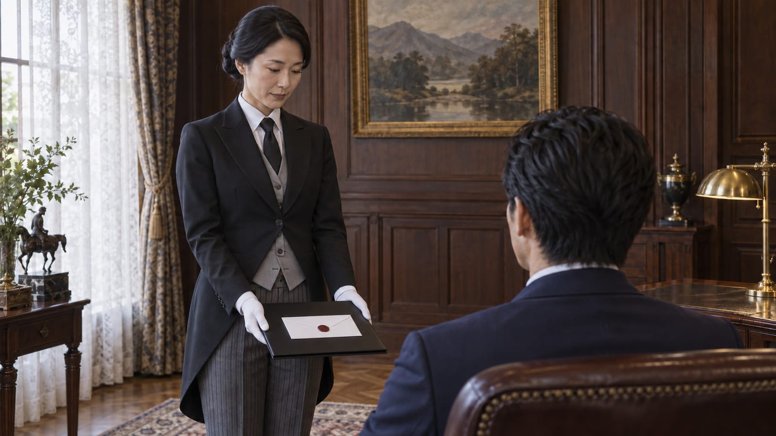 THE BUTLERの公式サイトより。書斎で女性執事が封書を主人に差し出す場面