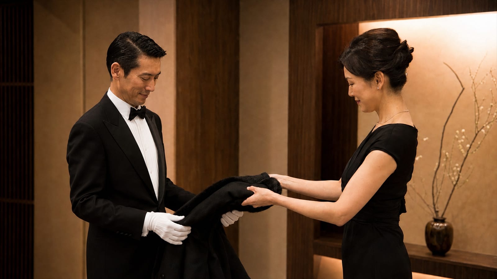 THE BUTLERの公式サイトより。催しの入口で執事が女性の上着を受け取る場面