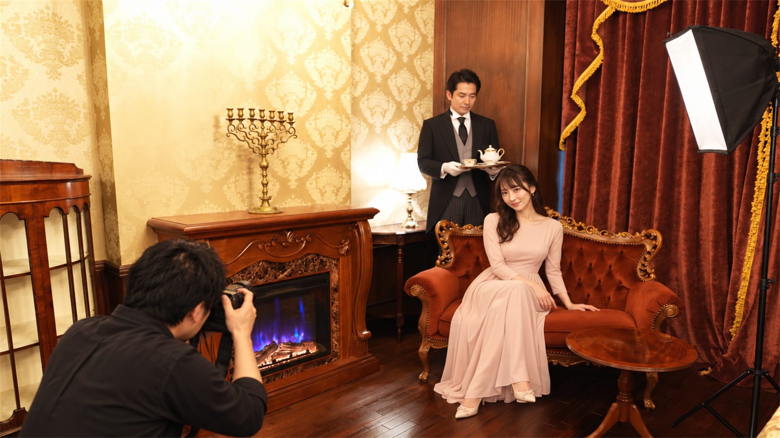 暖炉の間のソファで撮影するモデルと写真家
